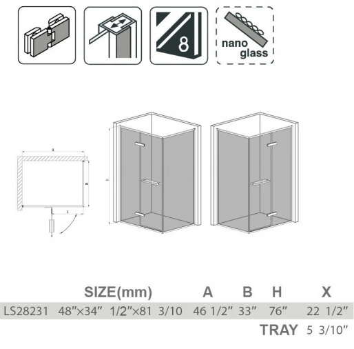 Bathroom Tempred Glass Durable Stainless Steel Hinge Shower Enclosure Ls28231